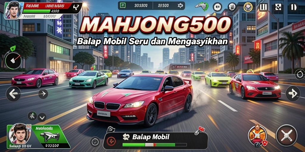 Antarmuka pengguna MAHJONG500 yang menonjol dengan grafis balap yang menarik.
