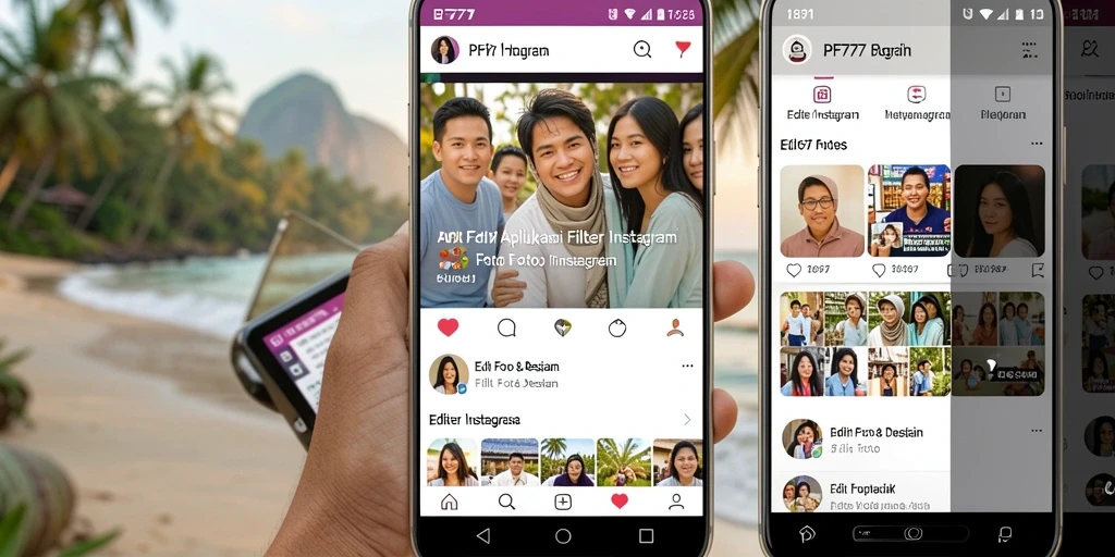 Tampilan antarmuka aplikasi PF777 dengan beragam filter Instagram.